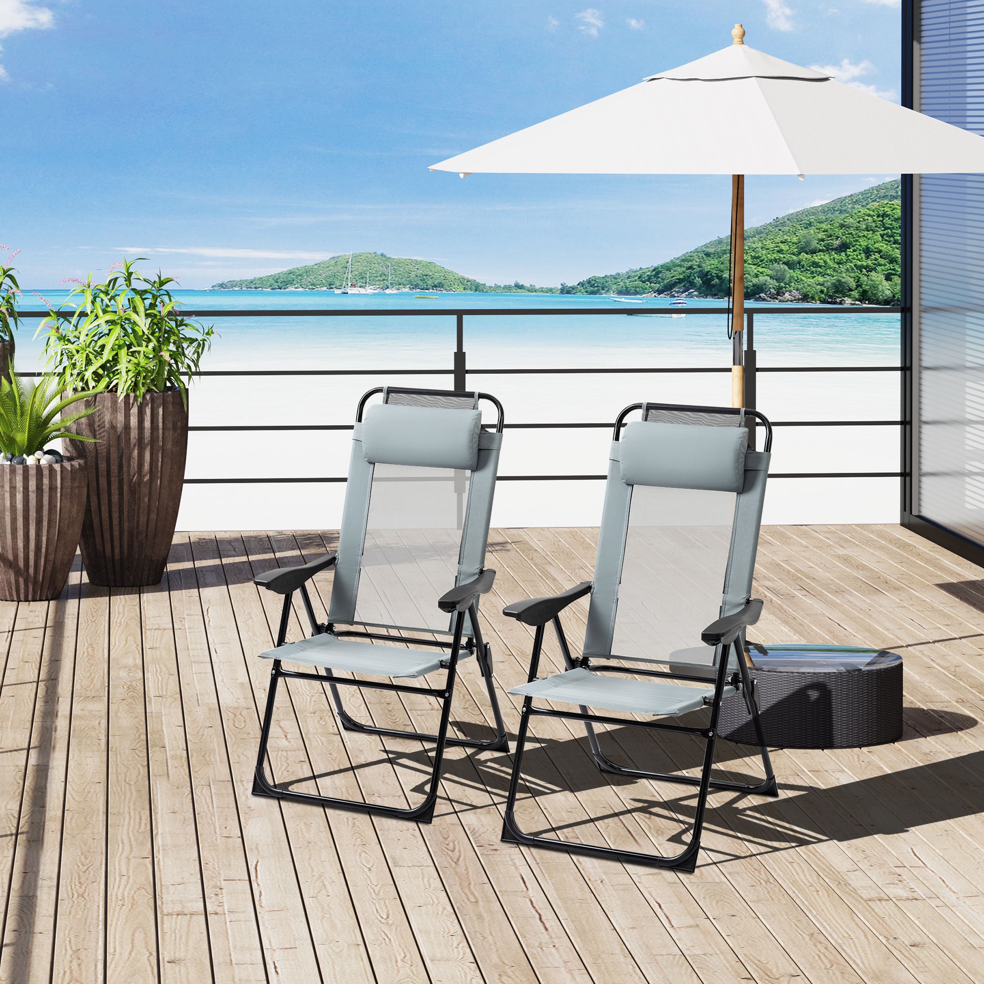 Set of 2 garden chairs basic set of 2 folding chairs camping chair balcony chair adjustable armrest backrest in 5 positions removable pillow provided gray textilene oxford fabric