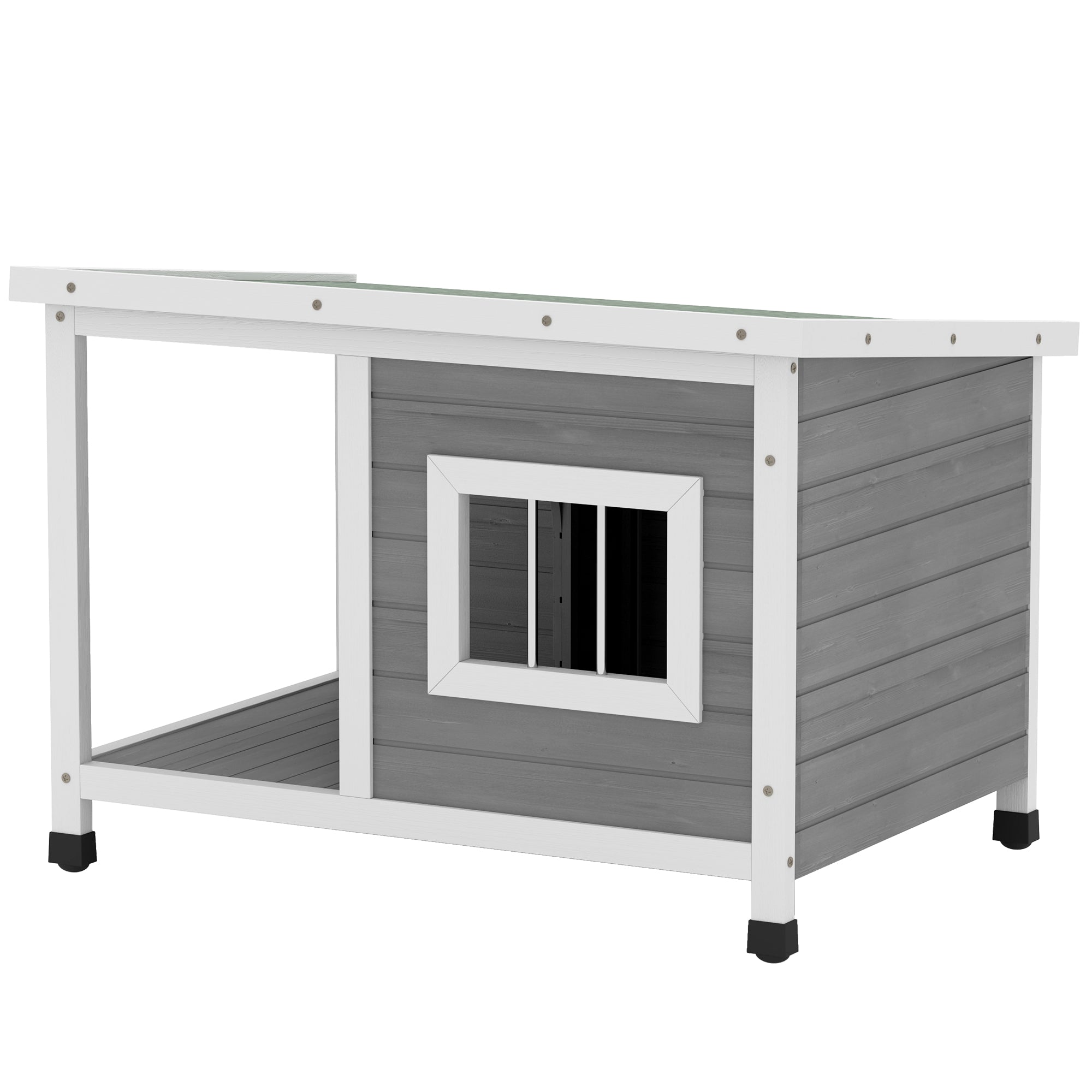 Outdoor Dog House 85.5x62x60 cm Wooden Dog House with Flip Asphalt Roof Door and Window for Small Dogs Gray