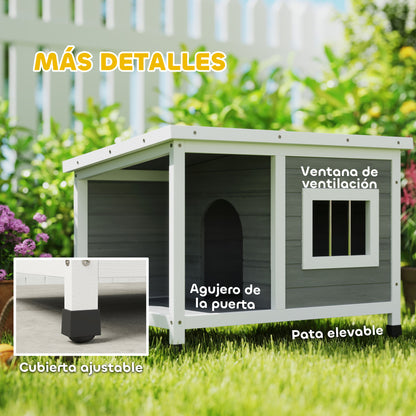 Outdoor Dog House 85.5x62x60 cm Wooden Dog House with Flip Asphalt Roof Door and Window for Small Dogs Gray