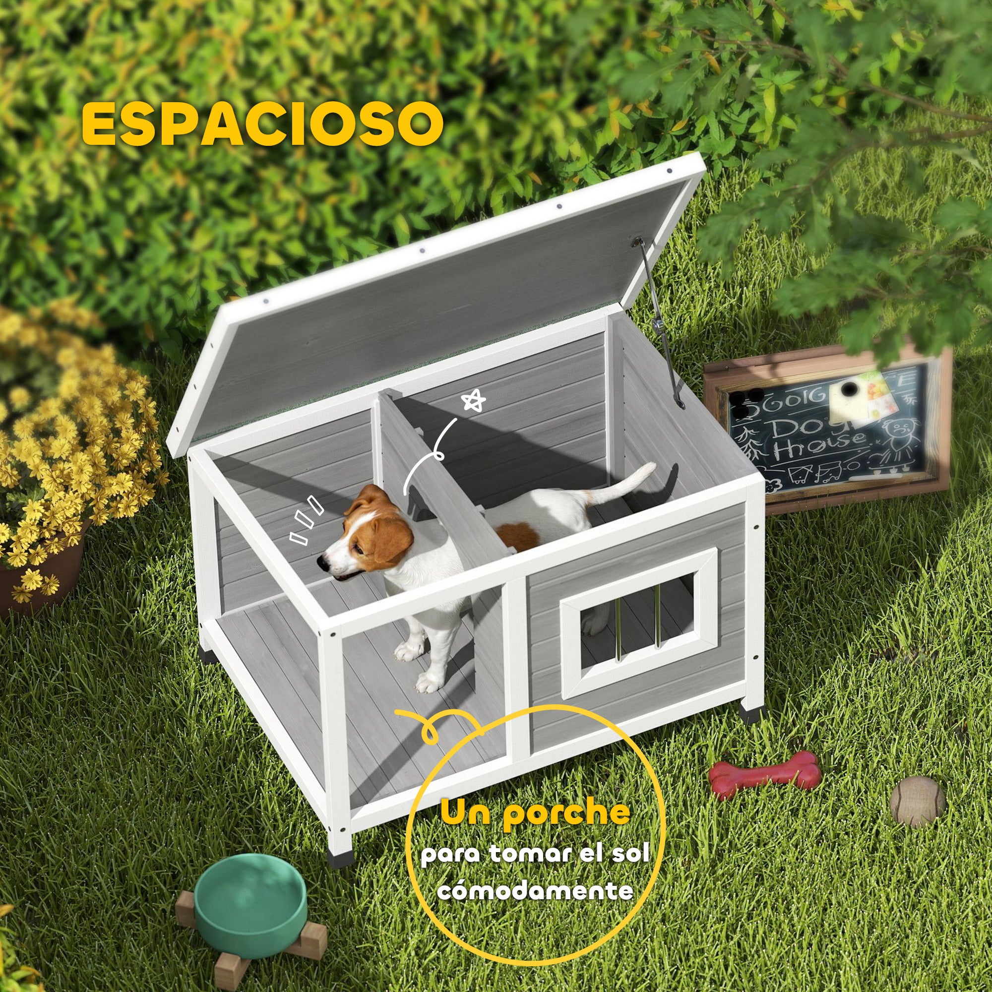 Outdoor Dog House 85.5x62x60 cm Wooden Dog House with Flip Asphalt Roof Door and Window for Small Dogs Gray