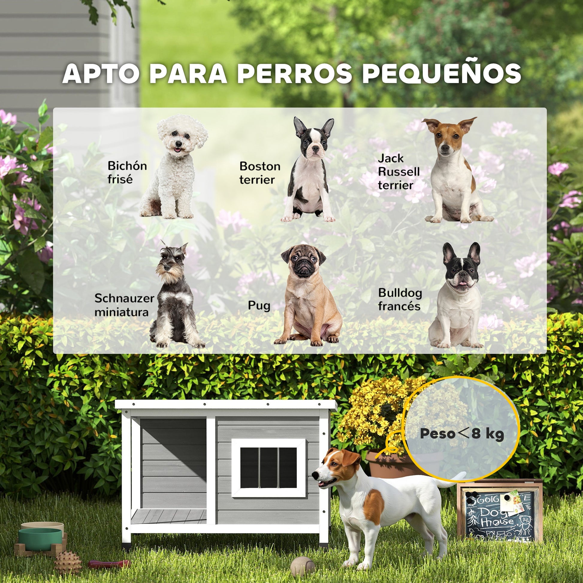 Outdoor Dog House 85.5x62x60 cm Wooden Dog House with Flip Asphalt Roof Door and Window for Small Dogs Gray