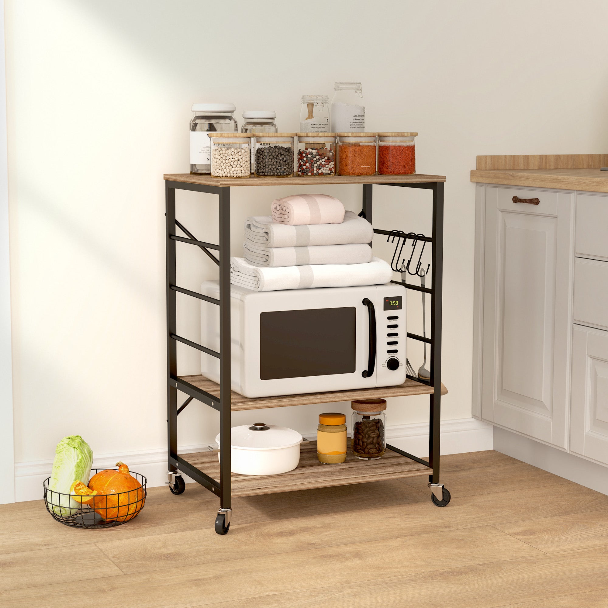 3-Level Industrial Style Kitchen Shelf, Microwave and Serving Trolley with Wheels and 4 Hooks, Steel Structure, for Living Room and Lounge, 60x40x84 cm, Teak