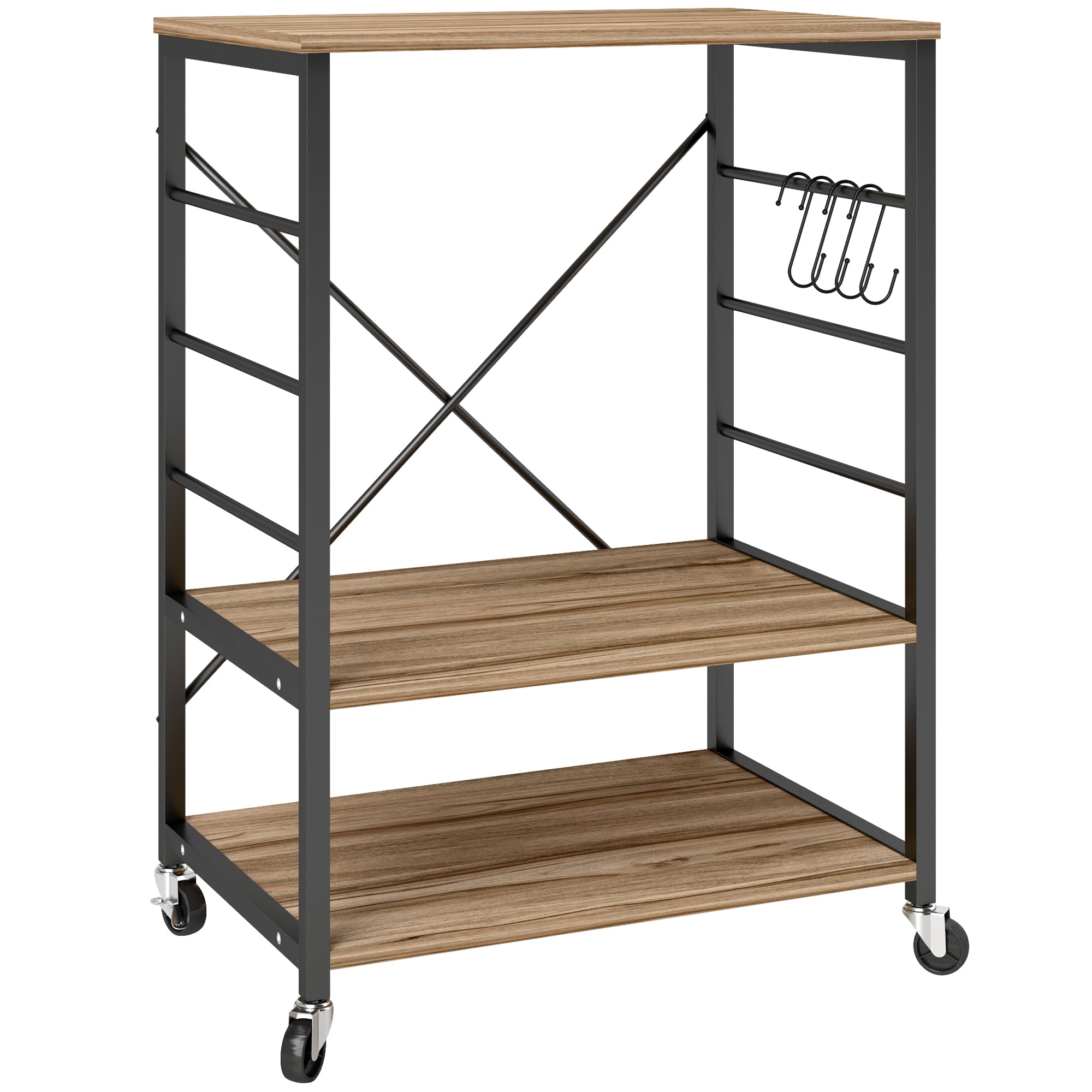 3-Level Industrial Style Kitchen Shelf, Microwave and Serving Trolley with Wheels and 4 Hooks, Steel Structure, for Living Room and Lounge, 60x40x84 cm, Teak
