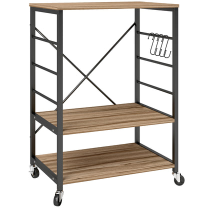 3-Level Industrial Style Kitchen Shelf, Microwave and Serving Trolley with Wheels and 4 Hooks, Steel Structure, for Living Room and Lounge, 60x40x84 cm, Teak