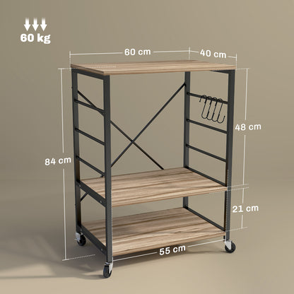 3-Level Industrial Style Kitchen Shelf, Microwave and Serving Trolley with Wheels and 4 Hooks, Steel Structure, for Living Room and Lounge, 60x40x84 cm, Teak