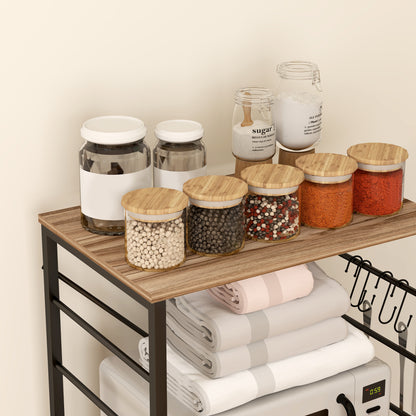 3-Level Industrial Style Kitchen Shelf, Microwave and Serving Trolley with Wheels and 4 Hooks, Steel Structure, for Living Room and Lounge, 60x40x84 cm, Teak