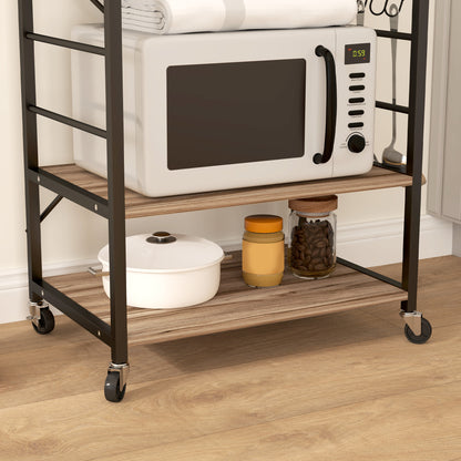3-Level Industrial Style Kitchen Shelf, Microwave and Serving Trolley with Wheels and 4 Hooks, Steel Structure, for Living Room and Lounge, 60x40x84 cm, Teak