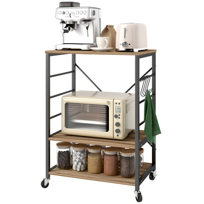 3-Level Industrial Style Kitchen Shelf, Microwave and Serving Trolley with Wheels and 4 Hooks, Steel Structure, for Living Room and Lounge, 60x40x84 cm, Teak
