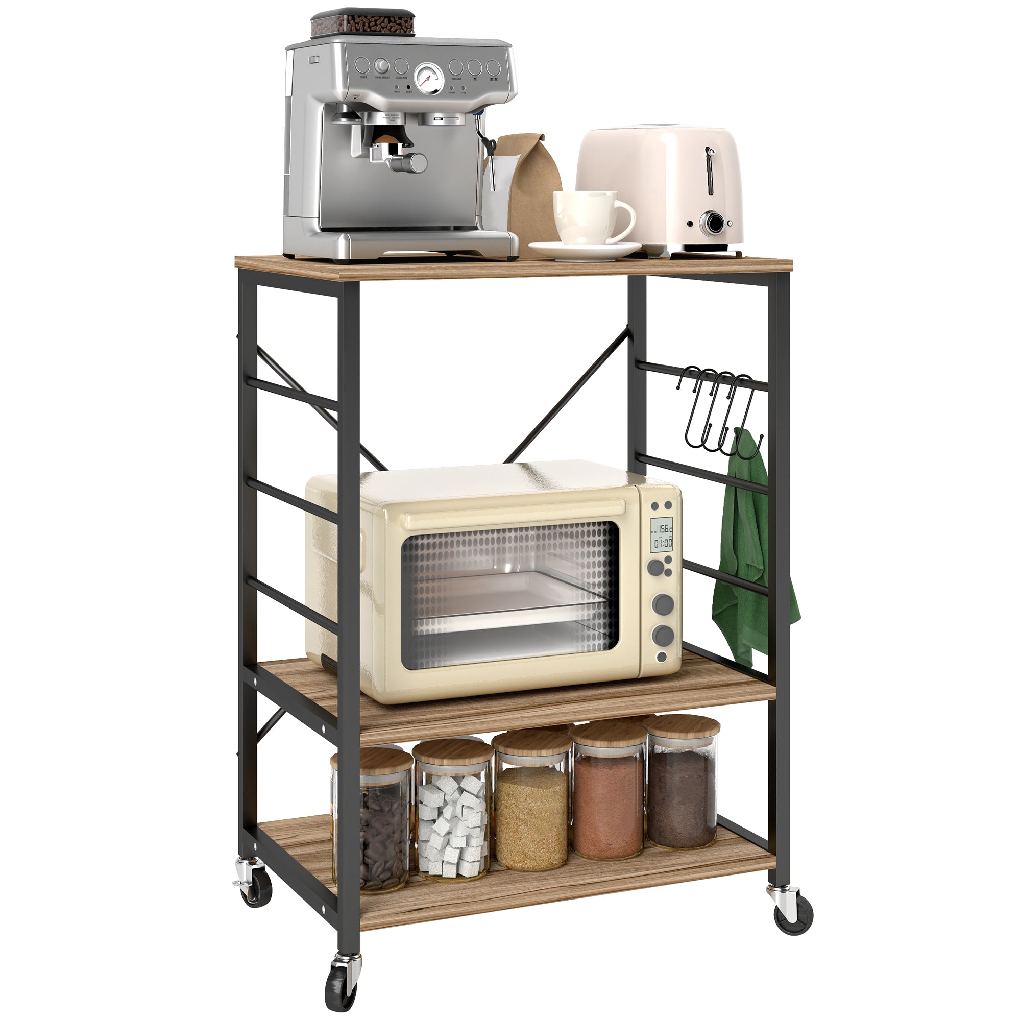 3-Level Industrial Style Kitchen Shelf, Microwave and Serving Trolley with Wheels and 4 Hooks, Steel Structure, for Living Room and Lounge, 60x40x84 cm, Teak