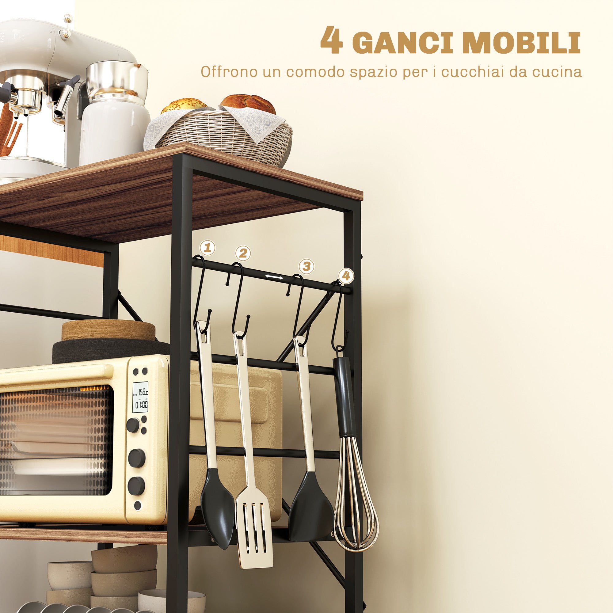 3-Level Industrial Style Kitchen Shelf, Microwave and Serving Trolley with Wheels and 4 Hooks, Steel Structure, for Living Room and Lounge, 60x40x84 cm, Teak