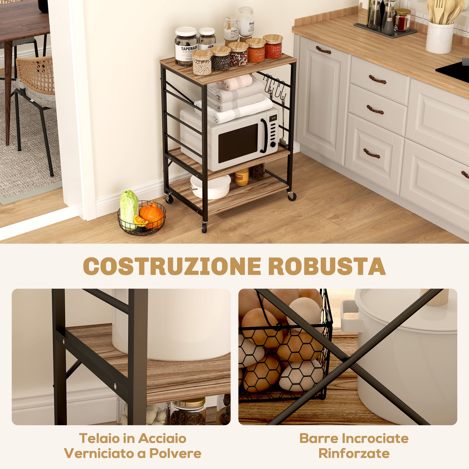 3-Level Industrial Style Kitchen Shelf, Microwave and Serving Trolley with Wheels and 4 Hooks, Steel Structure, for Living Room and Lounge, 60x40x84 cm, Teak