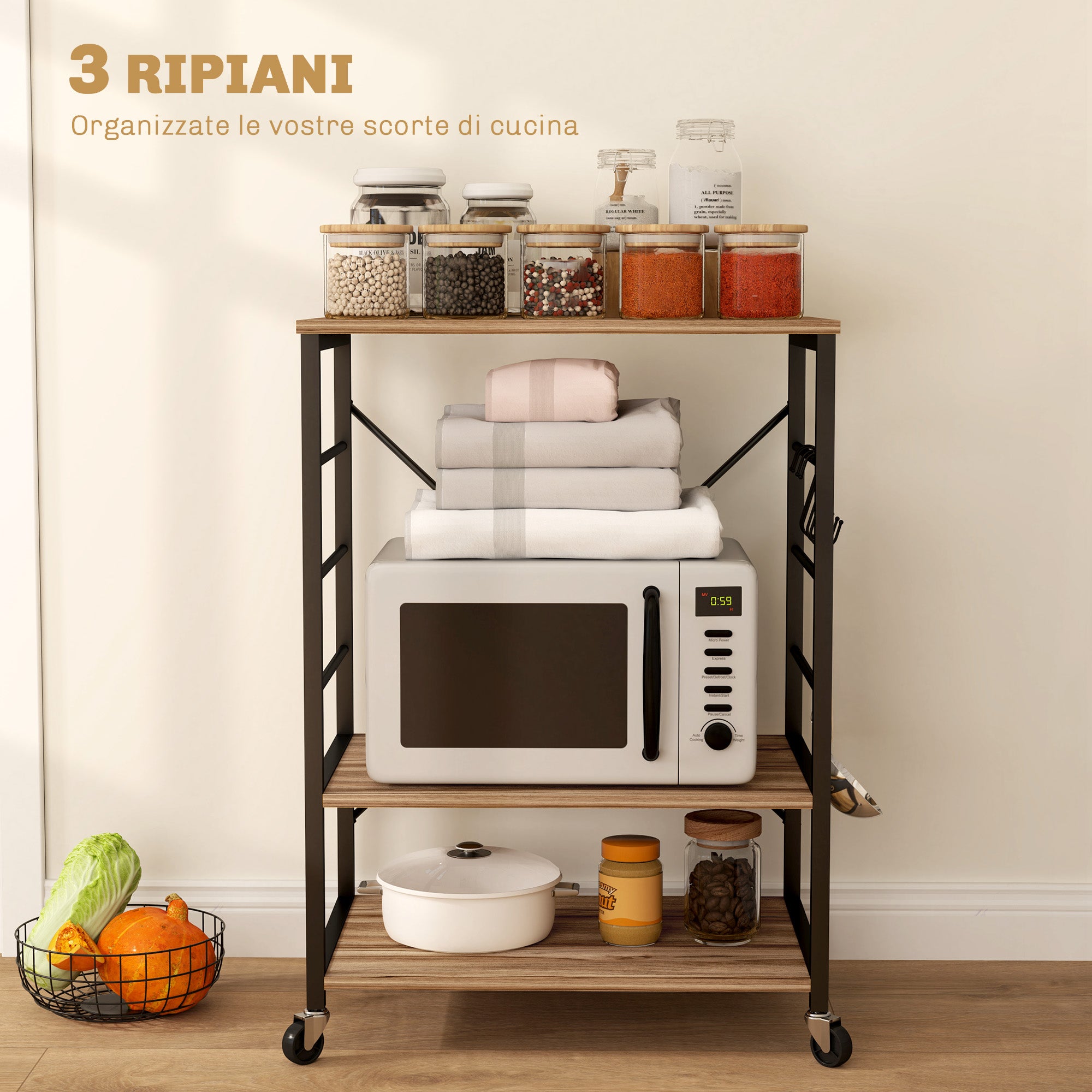 3-Level Industrial Style Kitchen Shelf, Microwave and Serving Trolley with Wheels and 4 Hooks, Steel Structure, for Living Room and Lounge, 60x40x84 cm, Teak