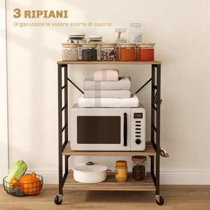3-Level Industrial Style Kitchen Shelf, Microwave and Serving Trolley with Wheels and 4 Hooks, Steel Structure, for Living Room and Lounge, 60x40x84 cm, Teak