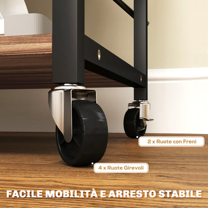 3-Level Industrial Style Kitchen Shelf, Microwave and Serving Trolley with Wheels and 4 Hooks, Steel Structure, for Living Room and Lounge, 60x40x84 cm, Teak