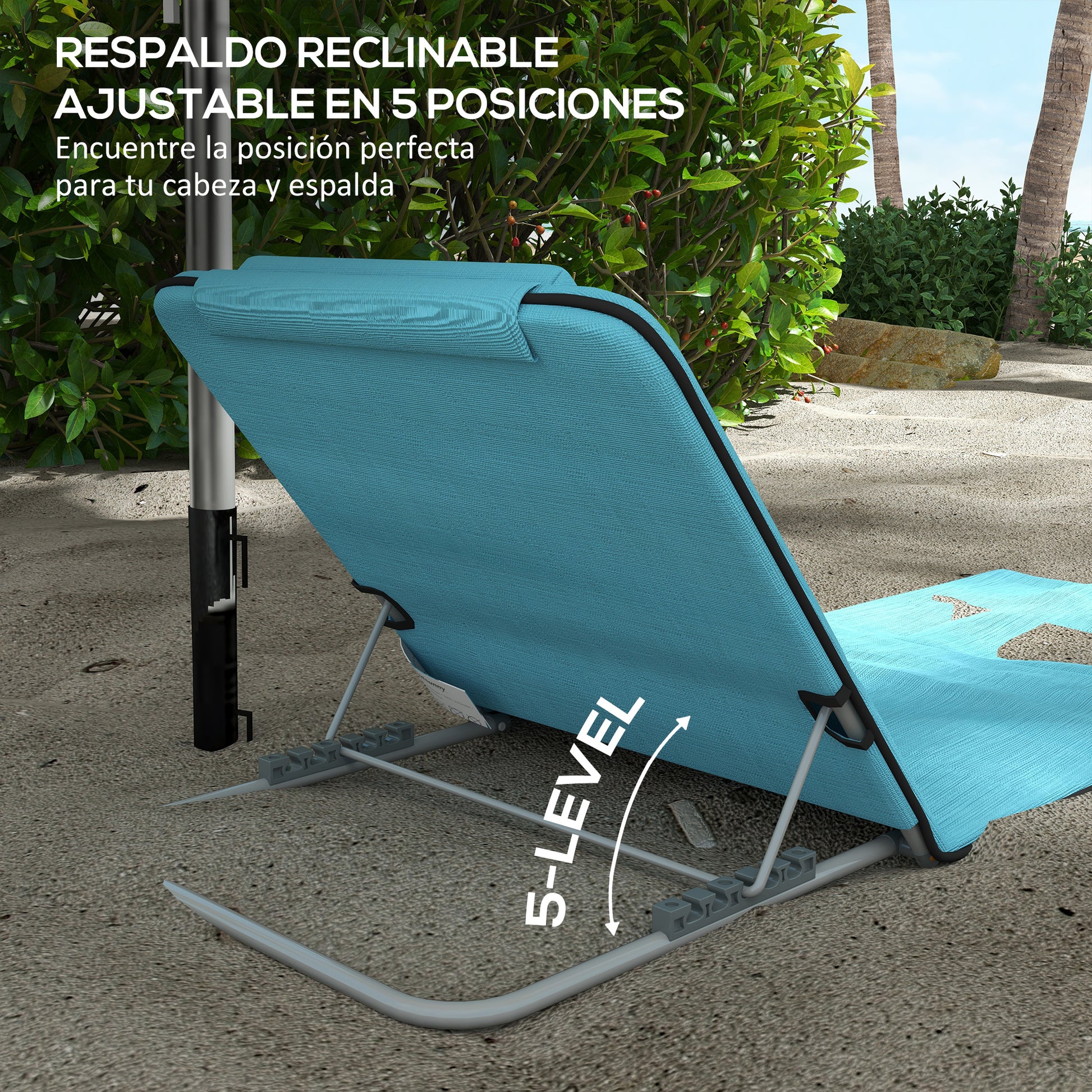 Set of 2 Foldable Beach Mats with Reclining Backrest in 5 Levels Headrest and Carrying Bag 134x48x33-43 cm Blue