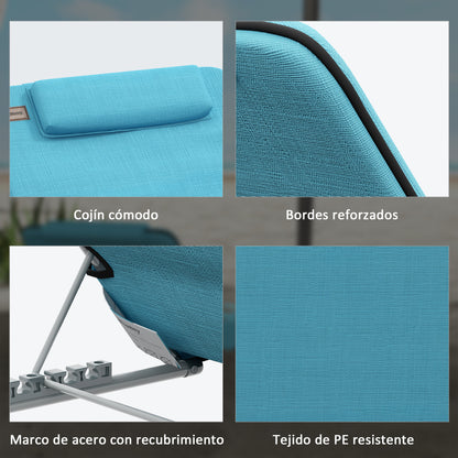 Set of 2 Foldable Beach Mats with Reclining Backrest in 5 Levels Headrest and Carrying Bag 134x48x33-43 cm Blue