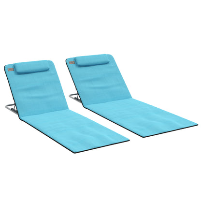 Set of 2 Foldable Beach Mats with Reclining Backrest in 5 Levels Headrest and Carrying Bag 134x48x33-43 cm Blue