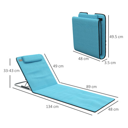 Set of 2 Foldable Beach Mats with Reclining Backrest in 5 Levels Headrest and Carrying Bag 134x48x33-43 cm Blue