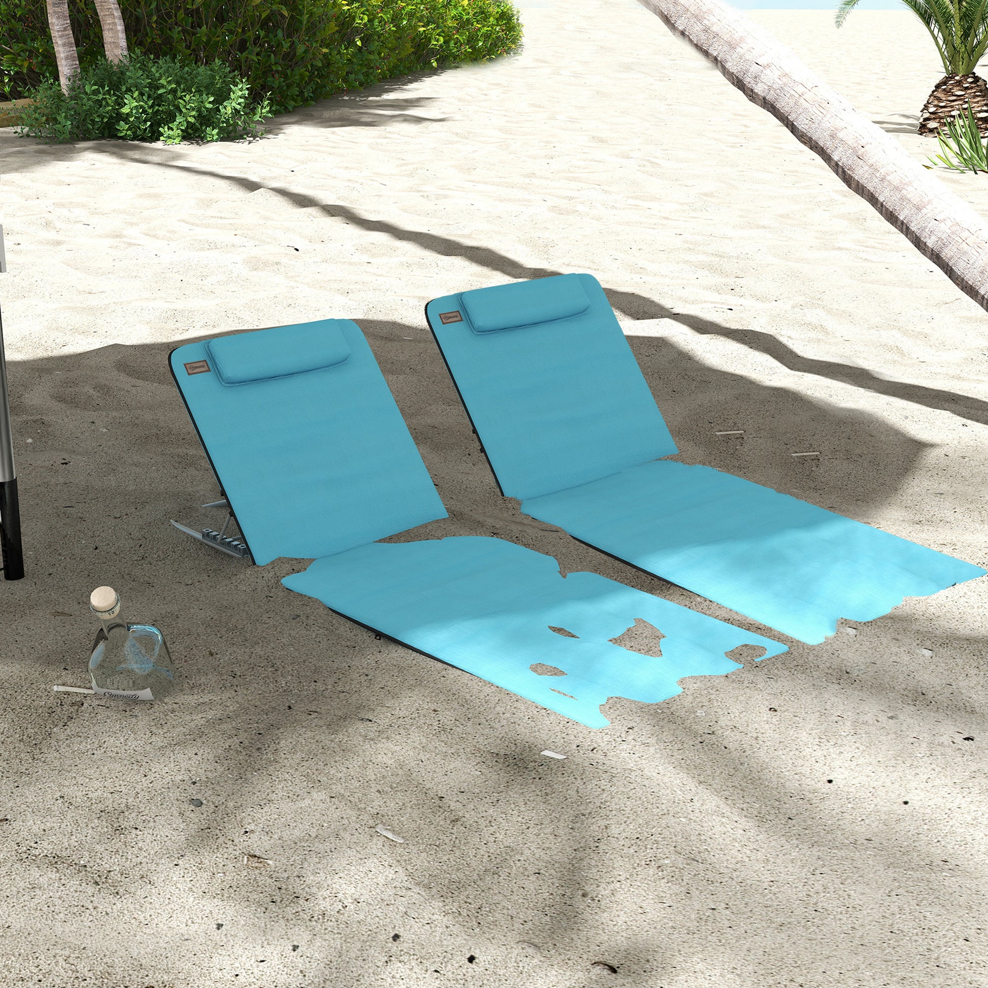 Set of 2 Foldable Beach Mats with Reclining Backrest in 5 Levels Headrest and Carrying Bag 134x48x33-43 cm Blue