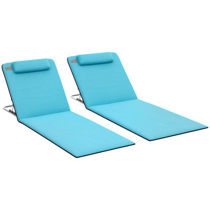 Set of 2 Foldable Beach Mats with Reclining Backrest in 5 Levels Headrest and Carrying Bag 134x48x33-43 cm Blue