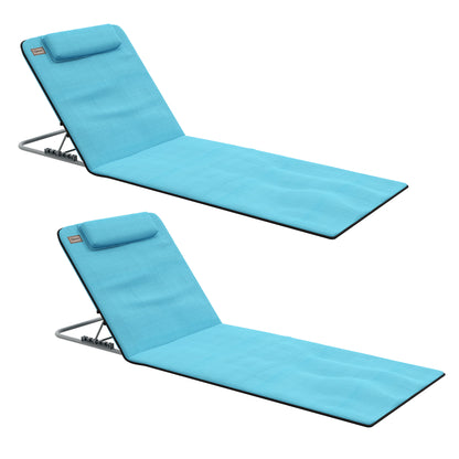 Set of 2 Foldable Beach Mats with Reclining Backrest in 5 Levels Headrest and Carrying Bag 134x48x33-43 cm Blue