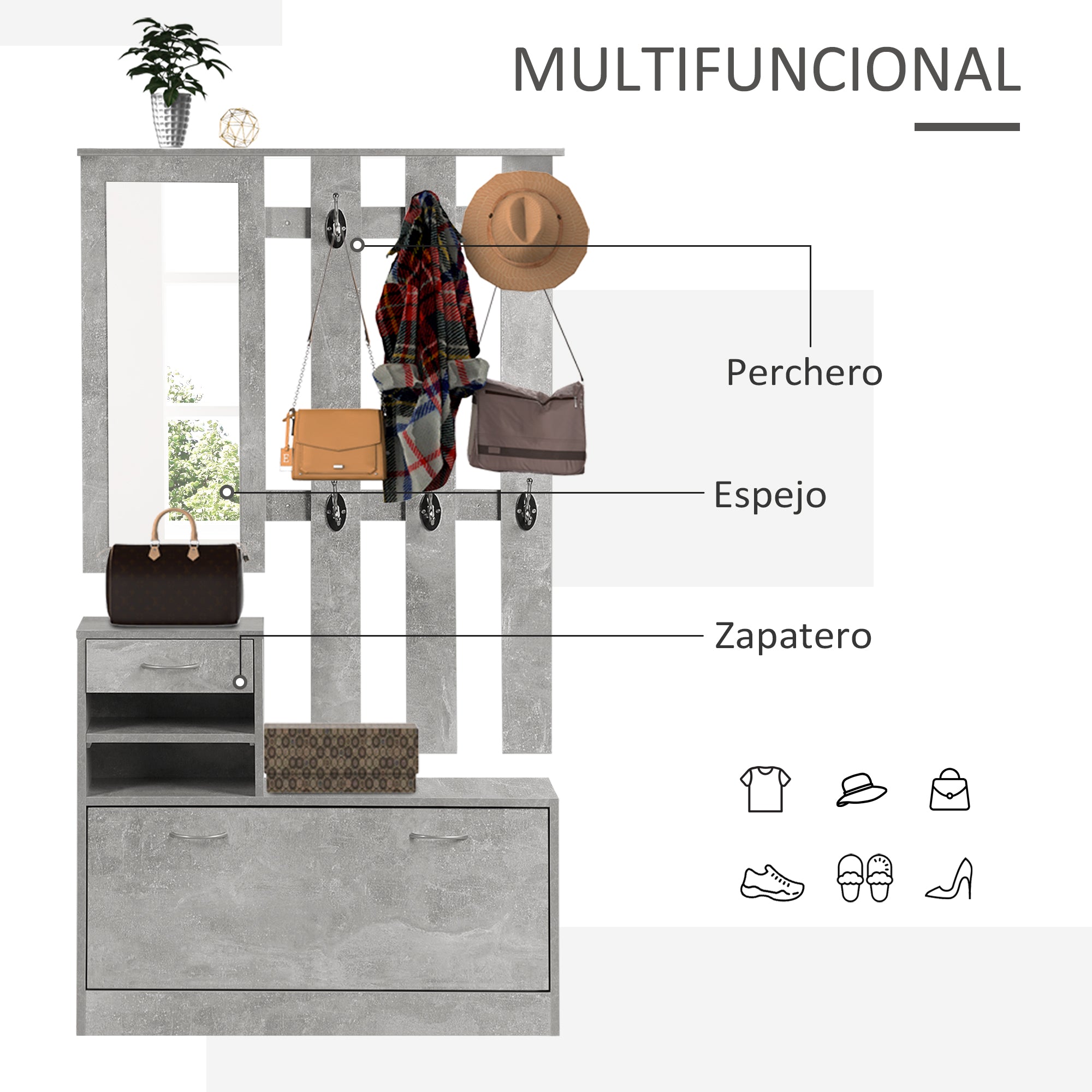 Entryway Hall Tree with Mirror Coat Rack and Shoe Bench 2-Piece Entryway Furniture with 6 Hooks Shelves and Flip-Down Drawer for Hallway Gray