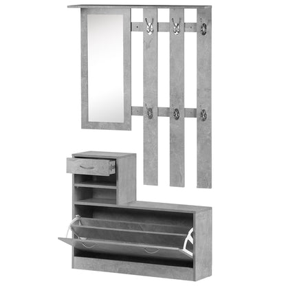 Entryway Hall Tree with Mirror Coat Rack and Shoe Bench 2-Piece Entryway Furniture with 6 Hooks Shelves and Flip-Down Drawer for Hallway Gray