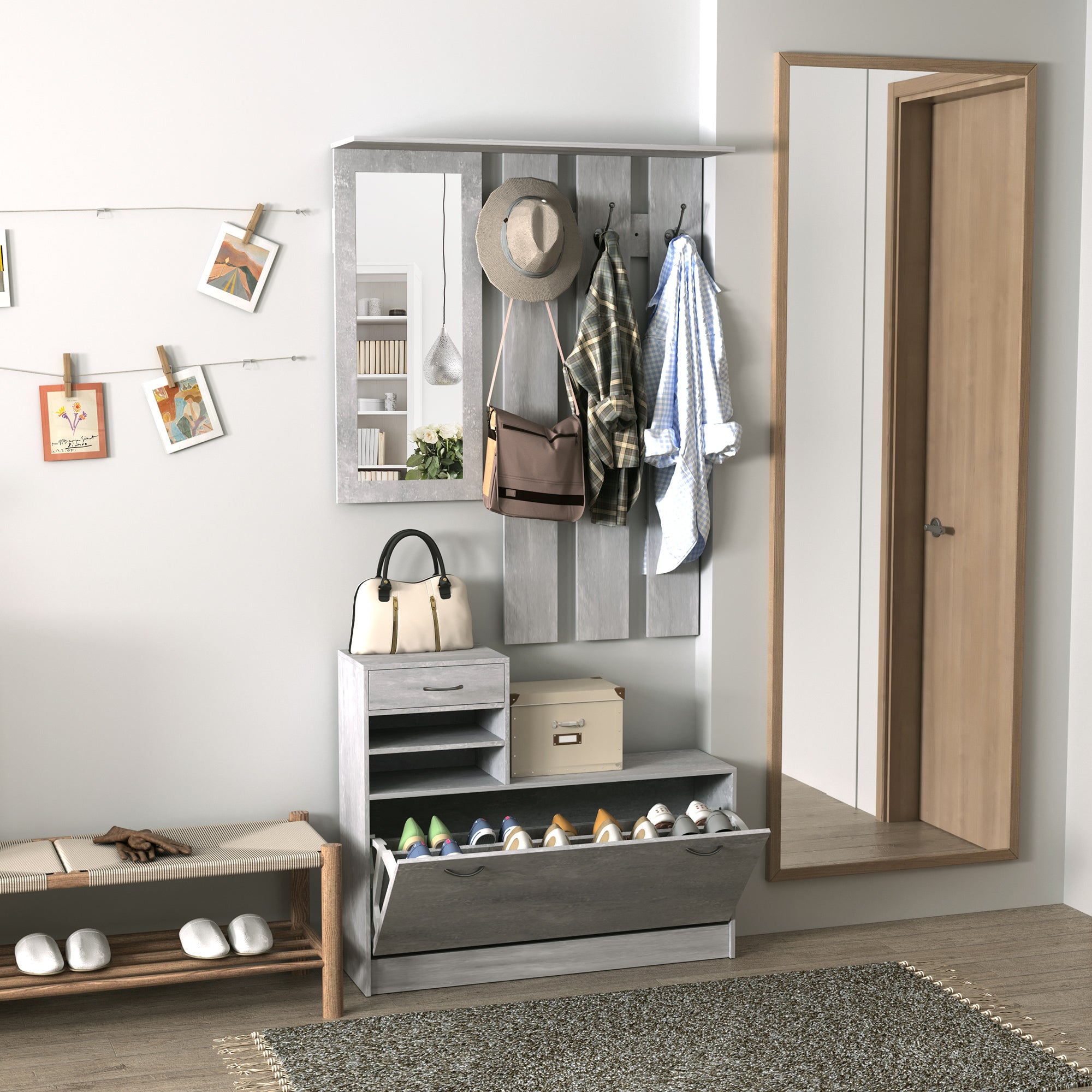 Entryway Hall Tree with Mirror Coat Rack and Shoe Bench 2-Piece Entryway Furniture with 6 Hooks Shelves and Flip-Down Drawer for Hallway Gray
