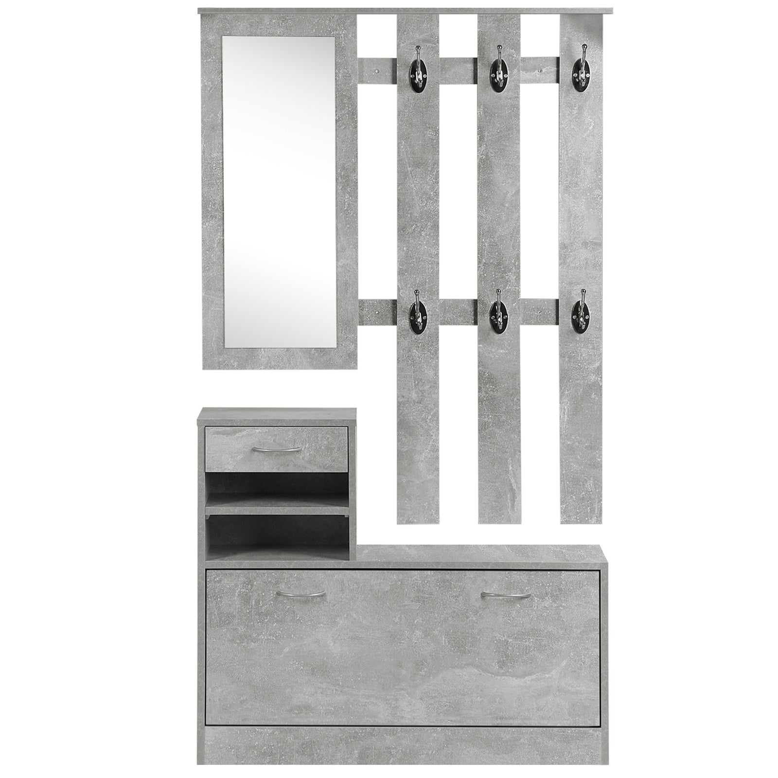 Entryway Hall Tree with Mirror Coat Rack and Shoe Bench 2-Piece Entryway Furniture with 6 Hooks Shelves and Flip-Down Drawer for Hallway Gray