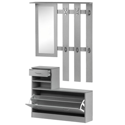 Entryway Hall Tree with Mirror Coat Rack and Shoe Bench 2-Piece Entryway Furniture with 6 Hooks Shelves and Flip-Down Drawer for Hallway Gray