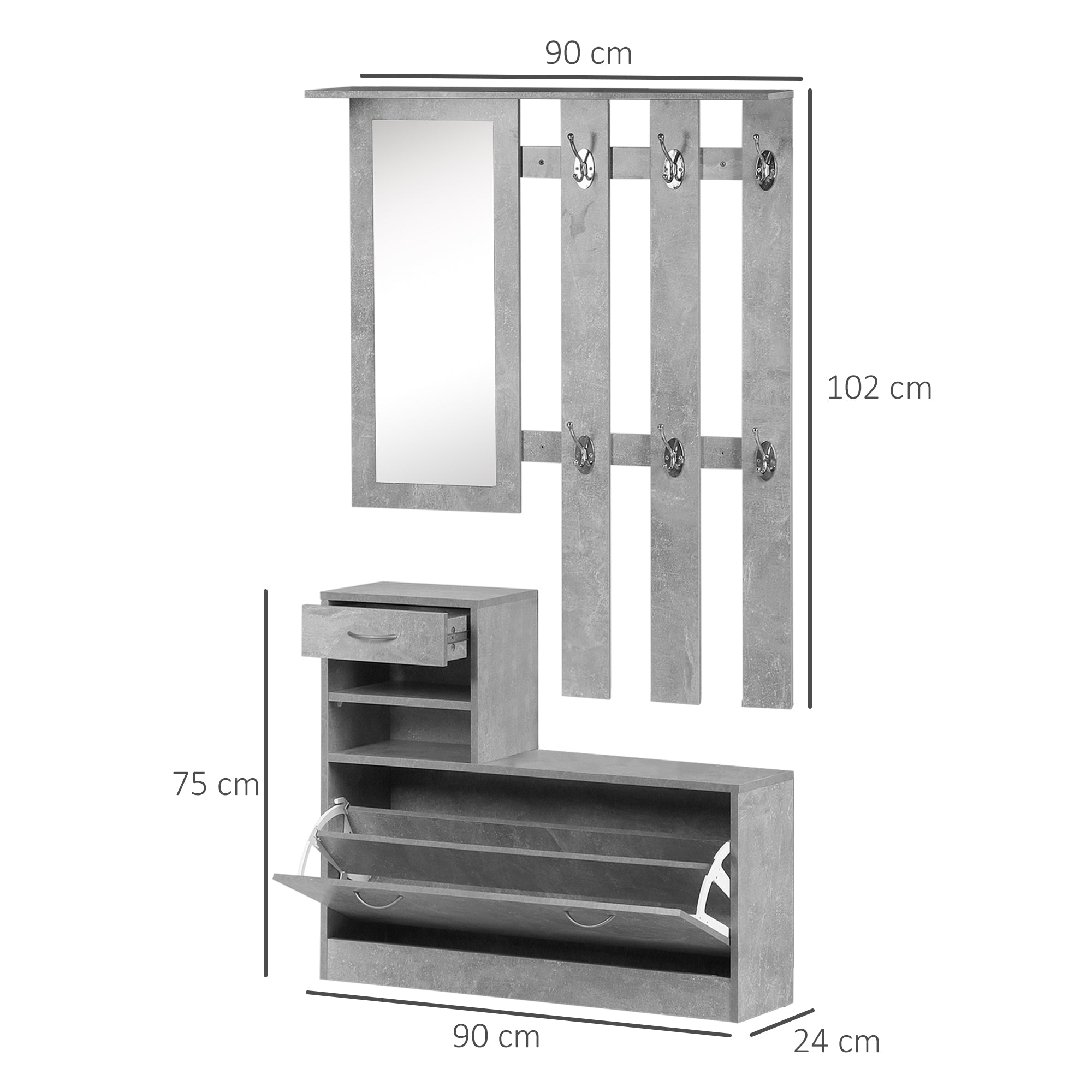 Entryway Hall Tree with Mirror Coat Rack and Shoe Bench 2-Piece Entryway Furniture with 6 Hooks Shelves and Flip-Down Drawer for Hallway Gray