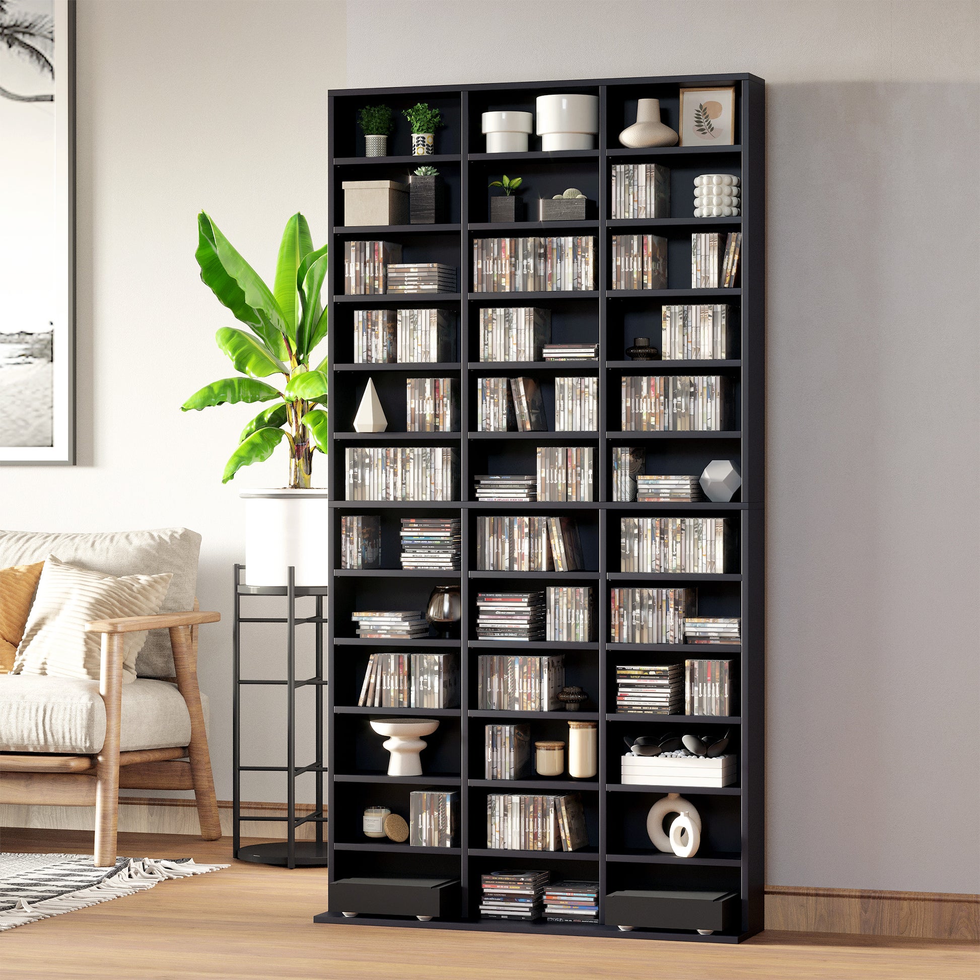 CD/DVD Storage Shelf Storage Unit for 1116 CDs 36 Height Adjustable Compartments 102 x 24 x 195 cm Black