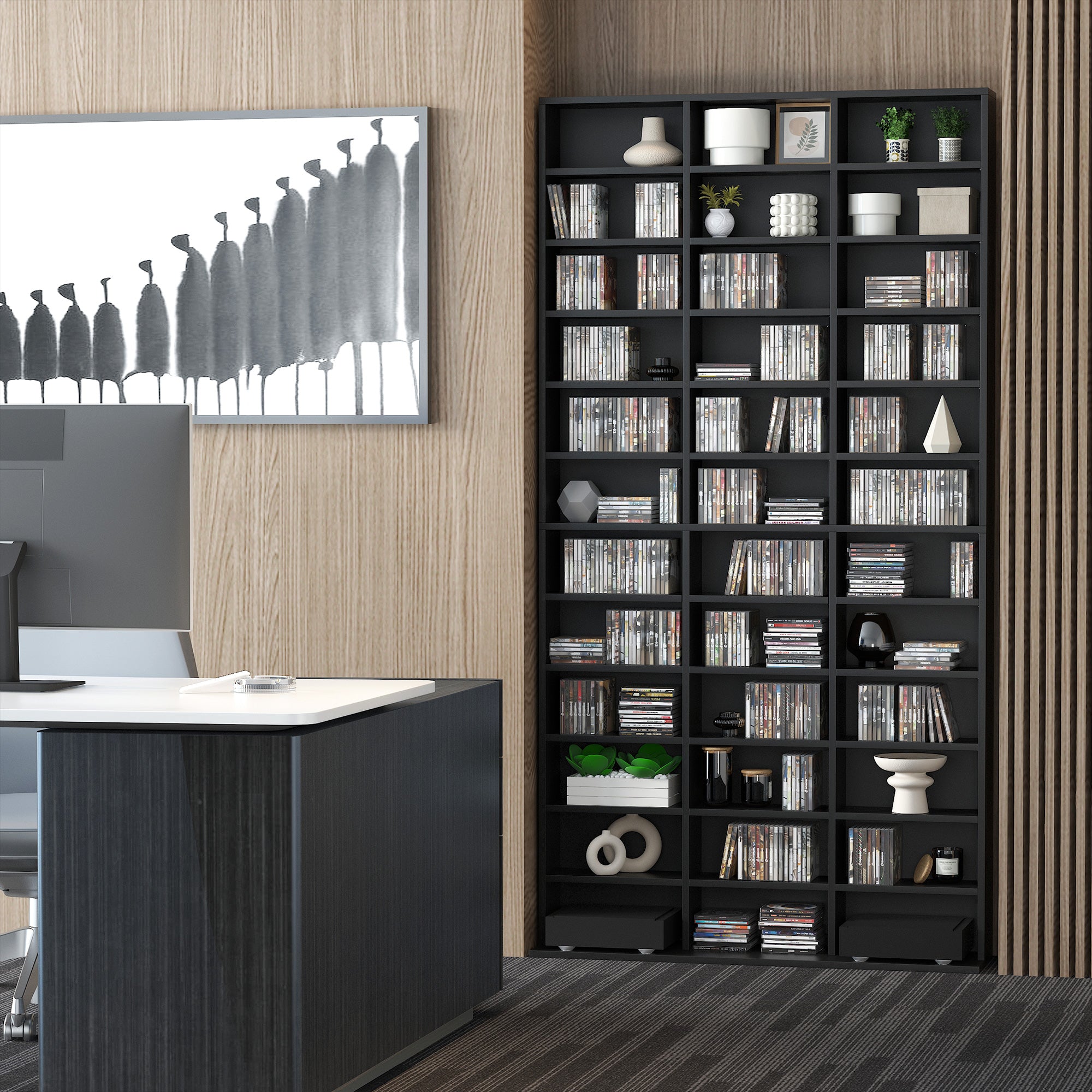 CD/DVD Storage Shelf Storage Unit for 1116 CDs 36 Height Adjustable Compartments 102 x 24 x 195 cm Black