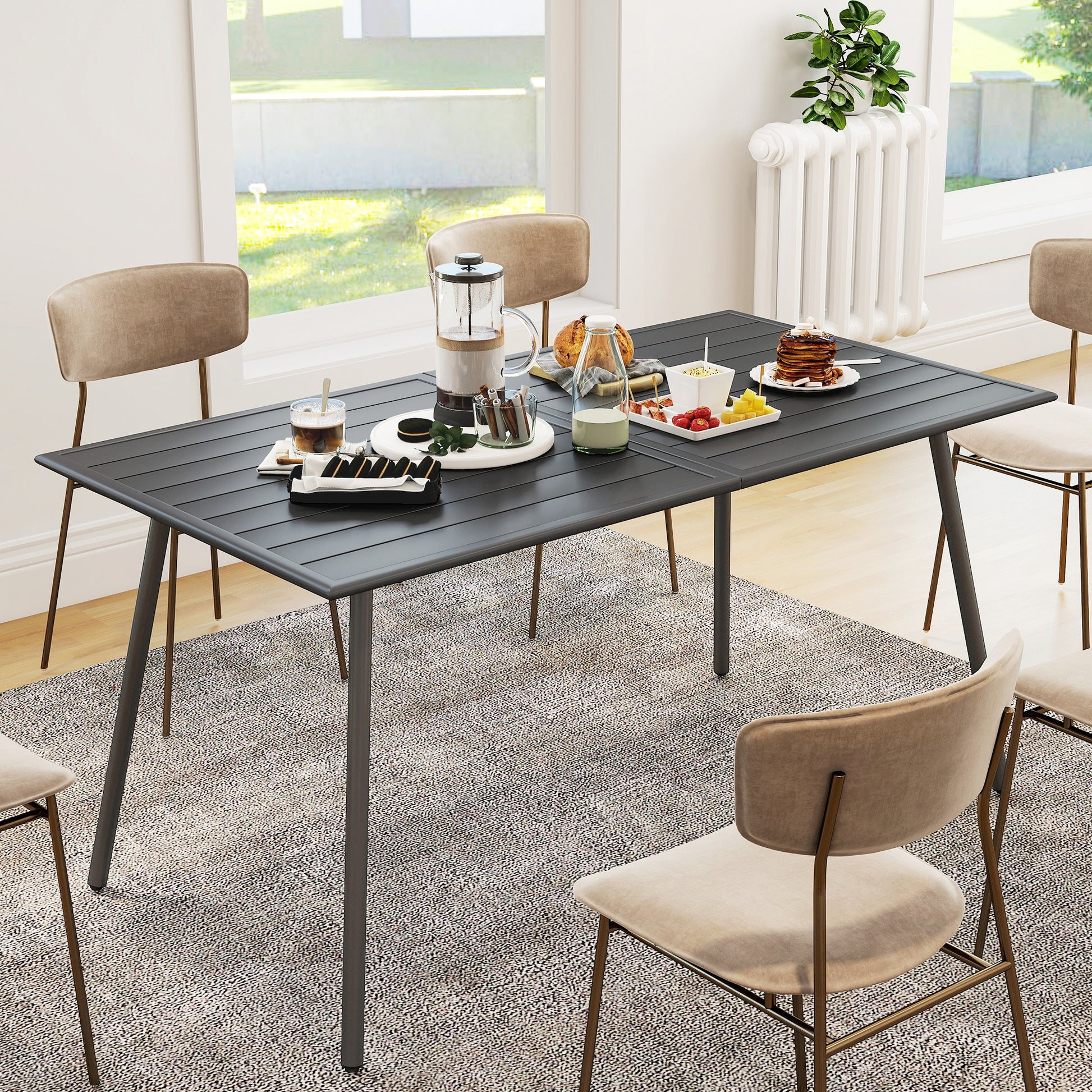 Rectangular Steel Garden Table 150x80x74 cm Outdoor Terrace Table with Slatted Design Weather-Resistant Easy to Clean Dark Gray