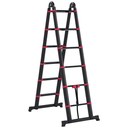 Folding Aluminum Ladder 2 Ways Retractable Portable Telescopic Ladder 12 Non-Slip Steps Load 150 kg 379x67.5x11 cm Black and Red