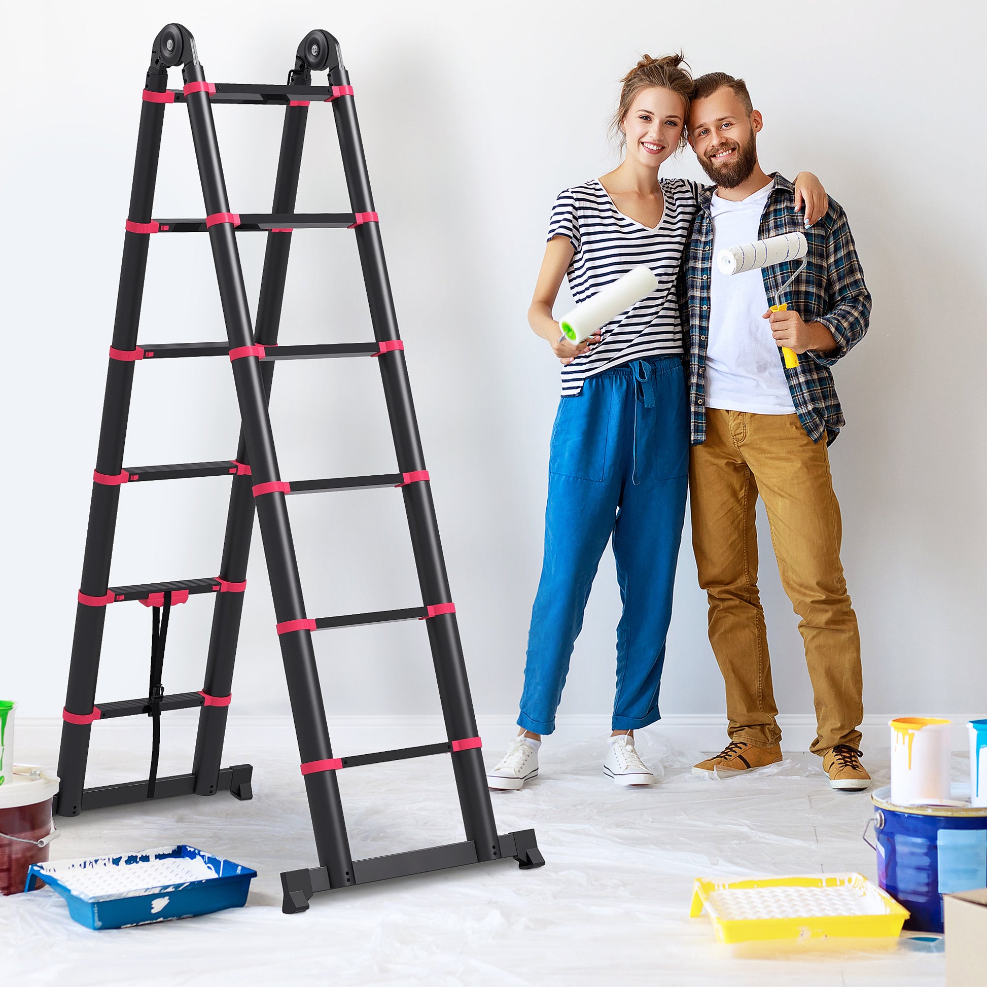 Folding Aluminum Ladder 2 Ways Retractable Portable Telescopic Ladder 12 Non-Slip Steps Load 150 kg 379x67.5x11 cm Black and Red
