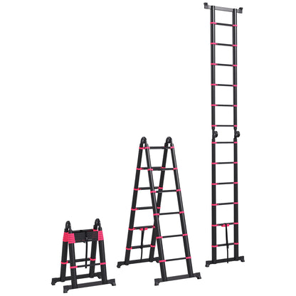 Folding Aluminum Ladder 2 Ways Retractable Portable Telescopic Ladder 12 Non-Slip Steps Load 150 kg 379x67.5x11 cm Black and Red