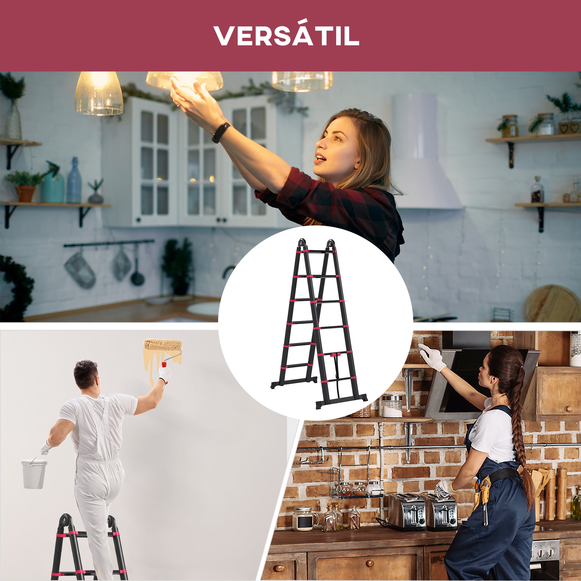 Folding Aluminum Ladder 2 Ways Retractable Portable Telescopic Ladder 12 Non-Slip Steps Load 150 kg 379x67.5x11 cm Black and Red