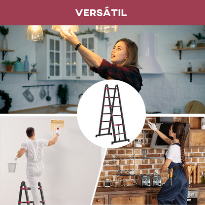 Folding Aluminum Ladder 2 Ways Retractable Portable Telescopic Ladder 12 Non-Slip Steps Load 150 kg 379x67.5x11 cm Black and Red