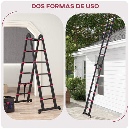 Folding Aluminum Ladder 2 Ways Retractable Portable Telescopic Ladder 12 Non-Slip Steps Load 150 kg 379x67.5x11 cm Black and Red