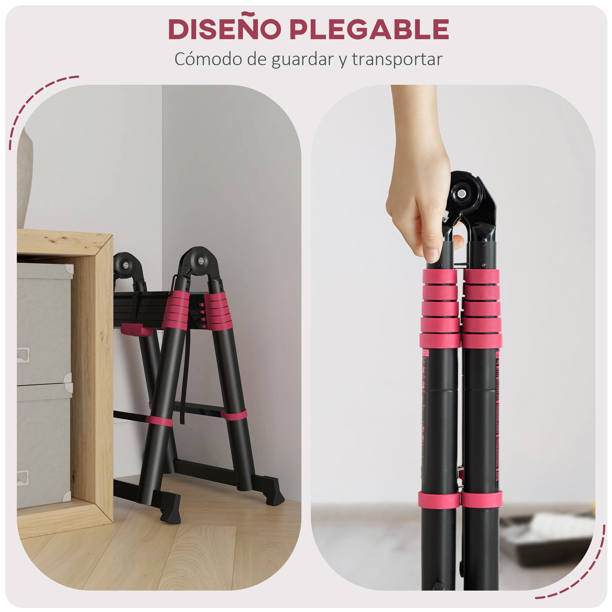 Folding Aluminum Ladder 2 Ways Retractable Portable Telescopic Ladder 12 Non-Slip Steps Load 150 kg 379x67.5x11 cm Black and Red