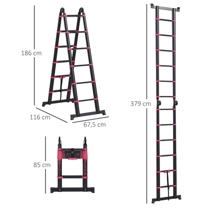 Folding Aluminum Ladder 2 Ways Retractable Portable Telescopic Ladder 12 Non-Slip Steps Load 150 kg 379x67.5x11 cm Black and Red