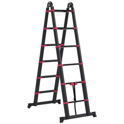 Folding Aluminum Ladder 2 Ways Retractable Portable Telescopic Ladder 12 Non-Slip Steps Load 150 kg 379x67.5x11 cm Black and Red