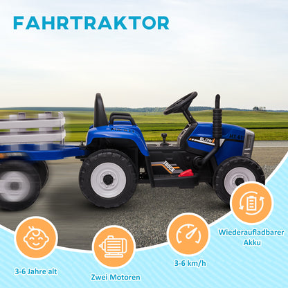 Electric Tractor with Trailer, Kids Ride-On Tractor with Remote Control, Kids Electric Car with MP3 Function, Children's Vehicle with Headlights, 3-6KM/H, for 3-6 Years, Blue