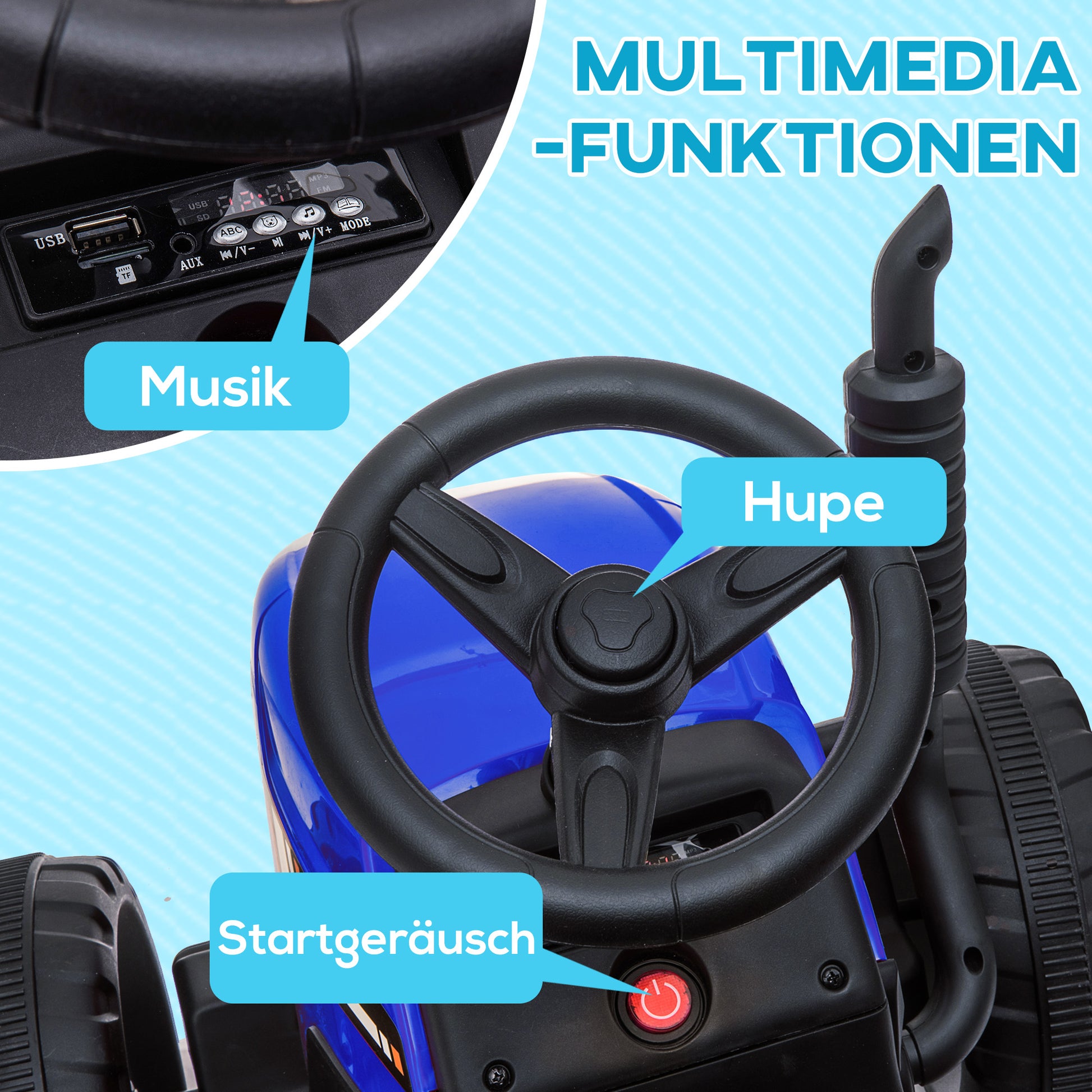 Electric Tractor with Trailer, Kids Ride-On Tractor with Remote Control, Kids Electric Car with MP3 Function, Children's Vehicle with Headlights, 3-6KM/H, for 3-6 Years, Blue