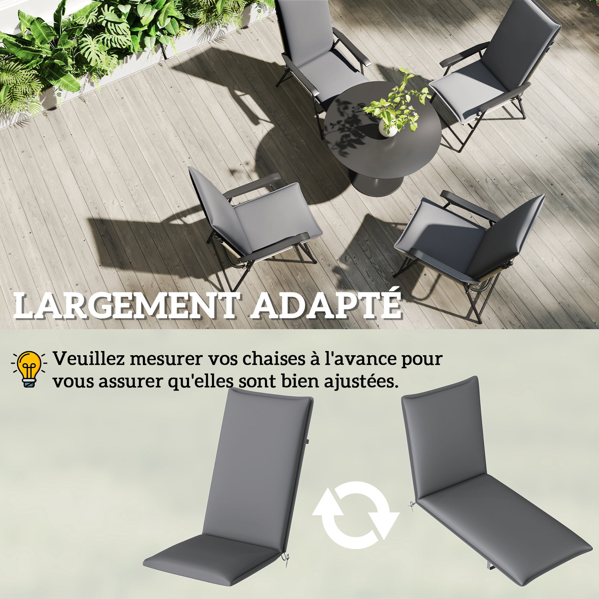 Set of 4 outdoor chair cushions high back chair pad with ties and adjustable band anti-fading UPF50+ dyed fabric for garden terrace balcony 124x50x5cm gray