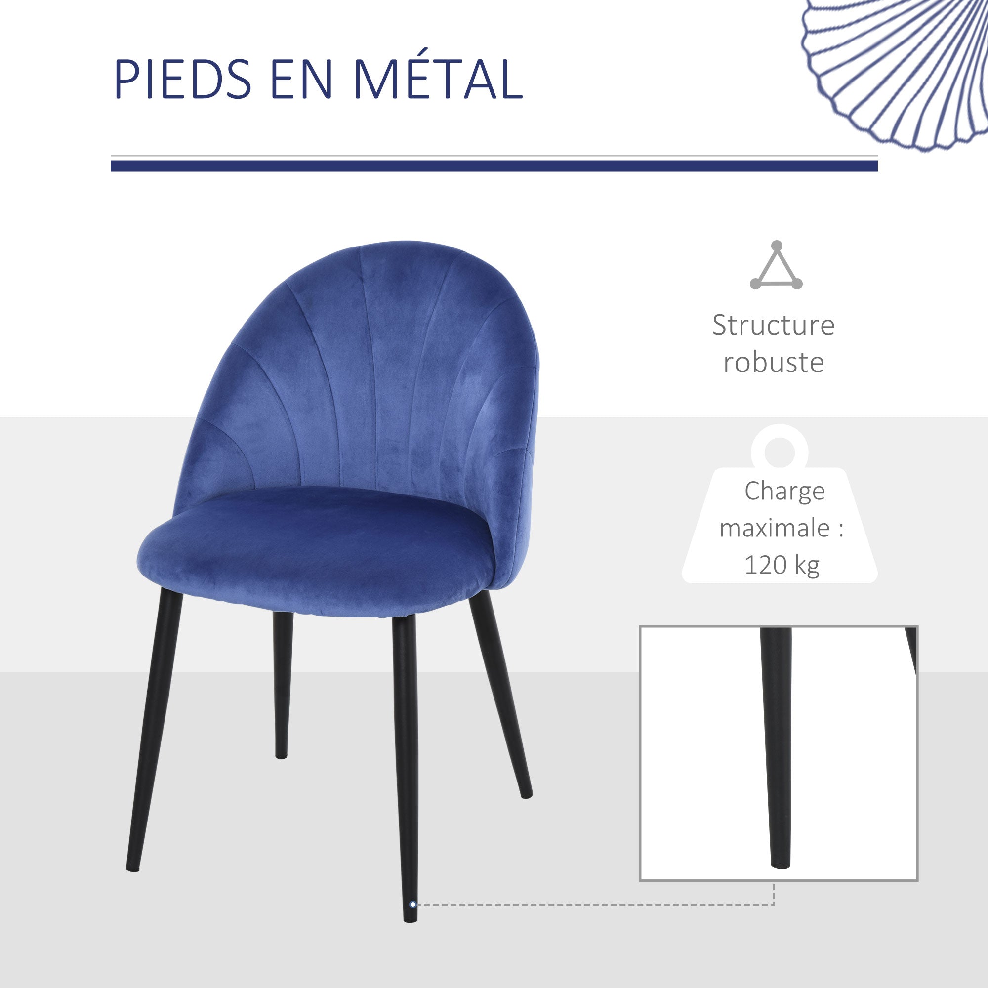 Set of 2 Velvet Blue Dining Chairs with Black Metal Legs 52L x 54W x 79H cm