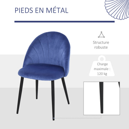 Set of 2 Velvet Blue Dining Chairs with Black Metal Legs 52L x 54W x 79H cm