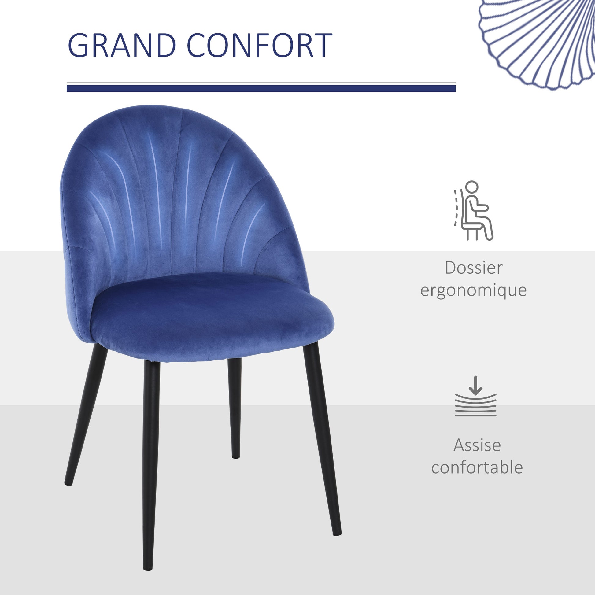 Set of 2 Velvet Blue Dining Chairs with Black Metal Legs 52L x 54W x 79H cm
