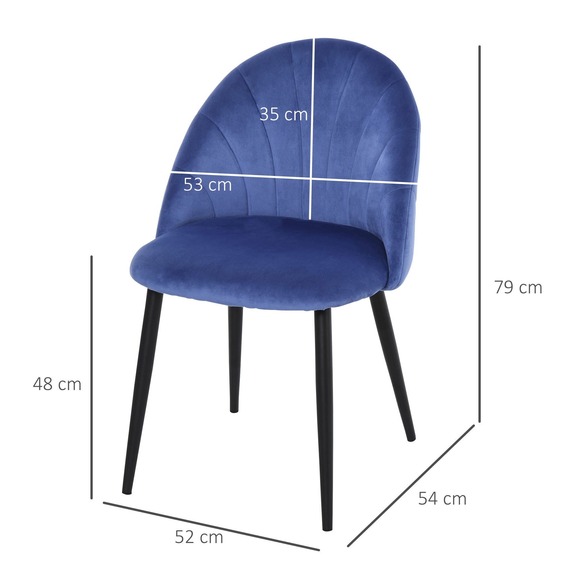 Set of 2 Velvet Blue Dining Chairs with Black Metal Legs 52L x 54W x 79H cm